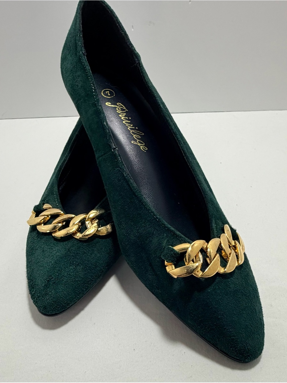 Vintage Dark Green Suede Pointed Flats with Gold Chain Accent
